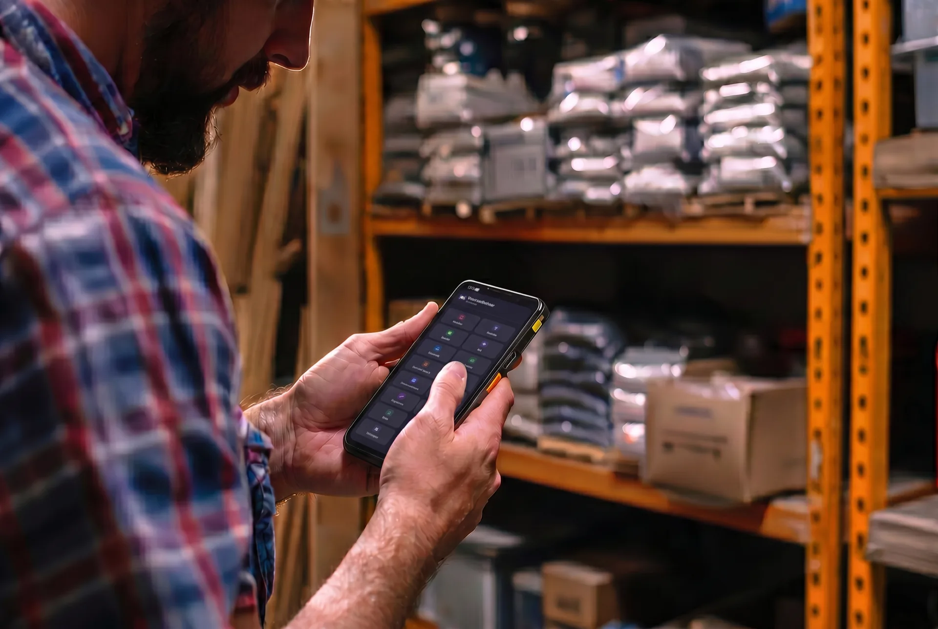 Medewerker scant voorraad met handheld scanner