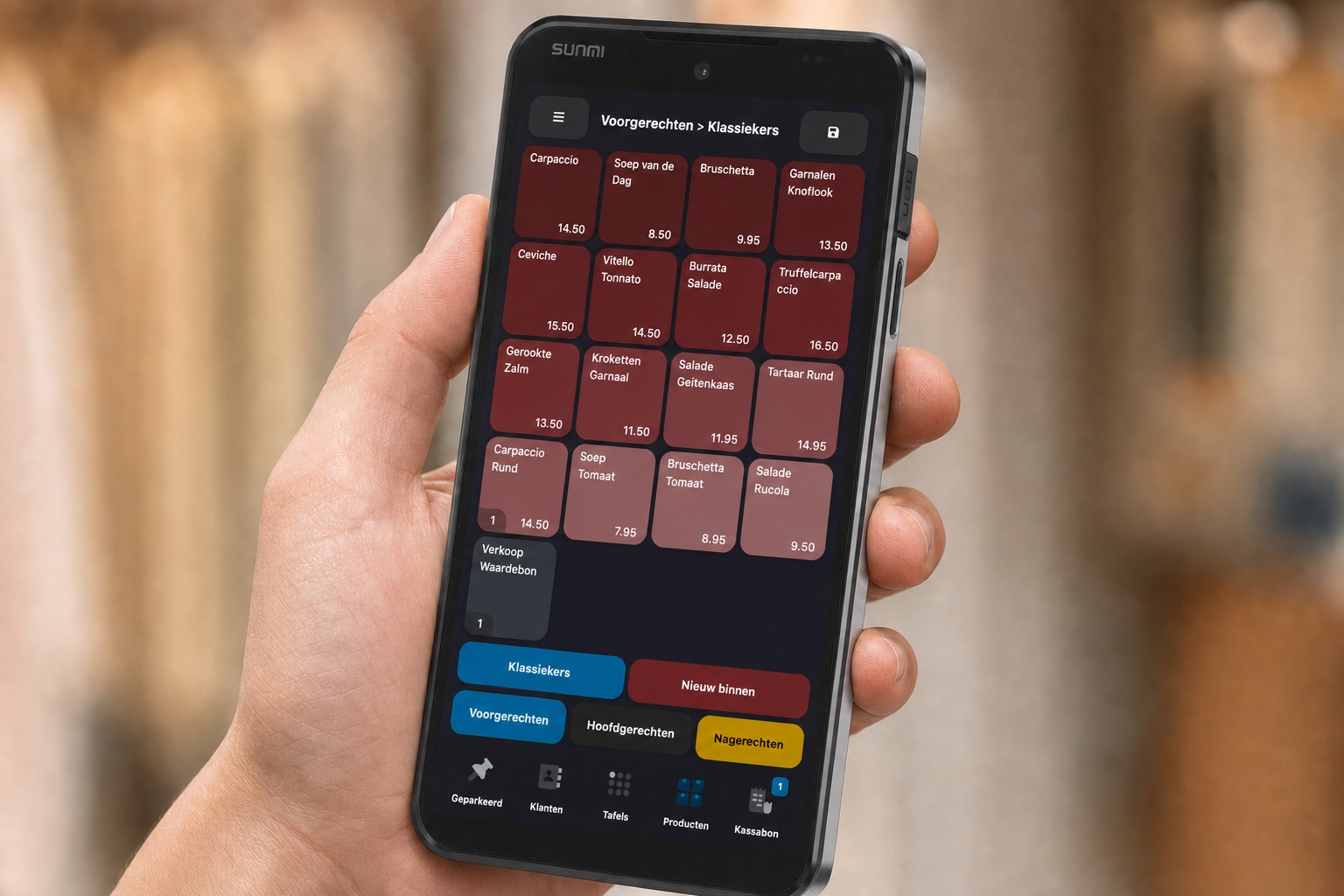 Sunmi M3 mobiele kassa met een restaurantmenu op het scherm
