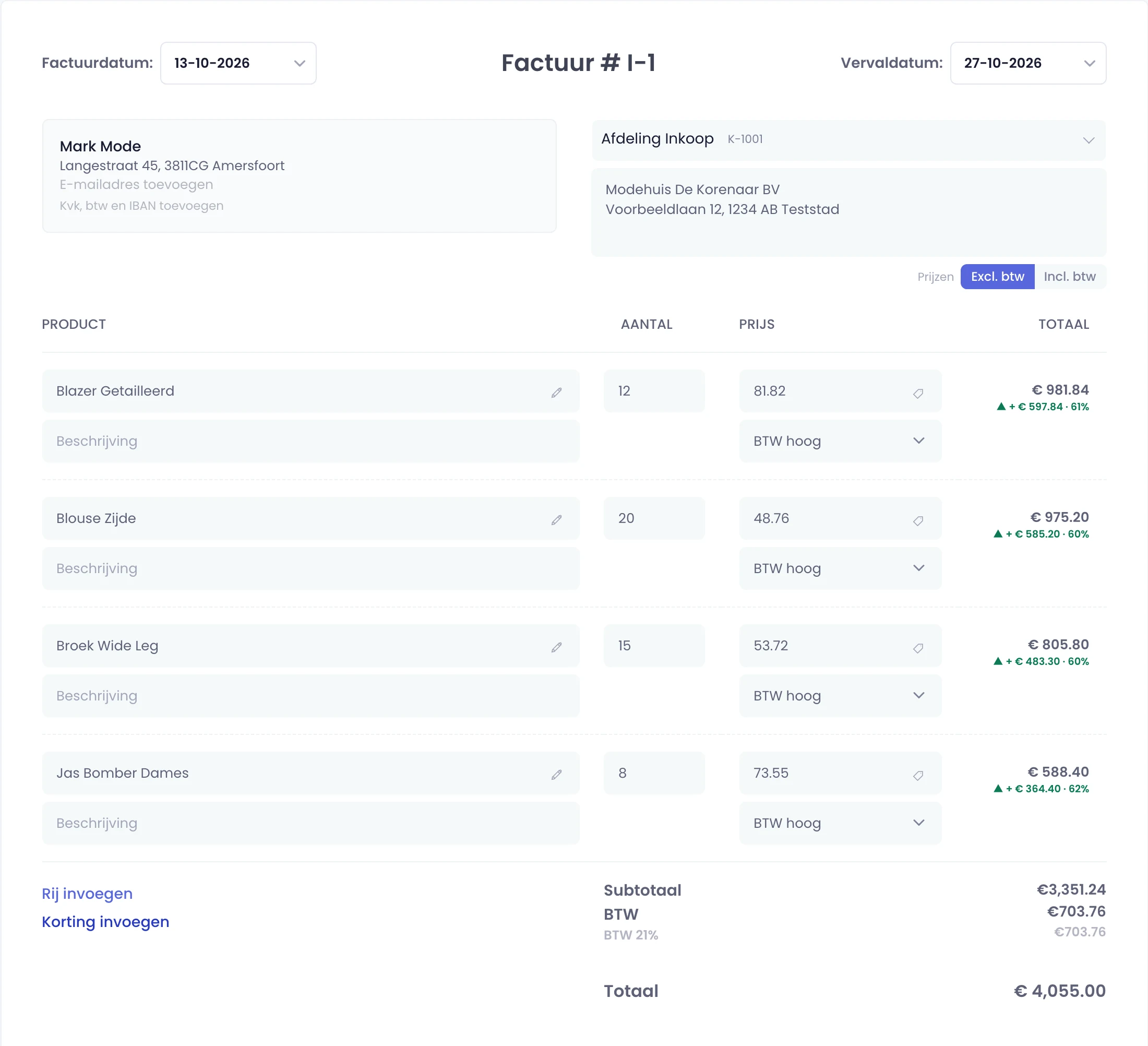 Factuur aanmaken in het Retaildesk backoffice: klant, producten, aantallen, btw, marge en totaal