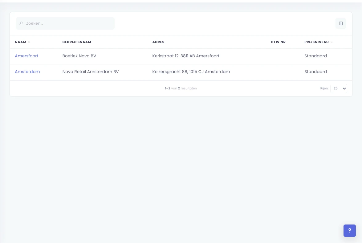 Vestigingenoverzicht in de Retaildesk backoffice: naam, bedrijfsnaam, adres en prijsniveau per vestiging