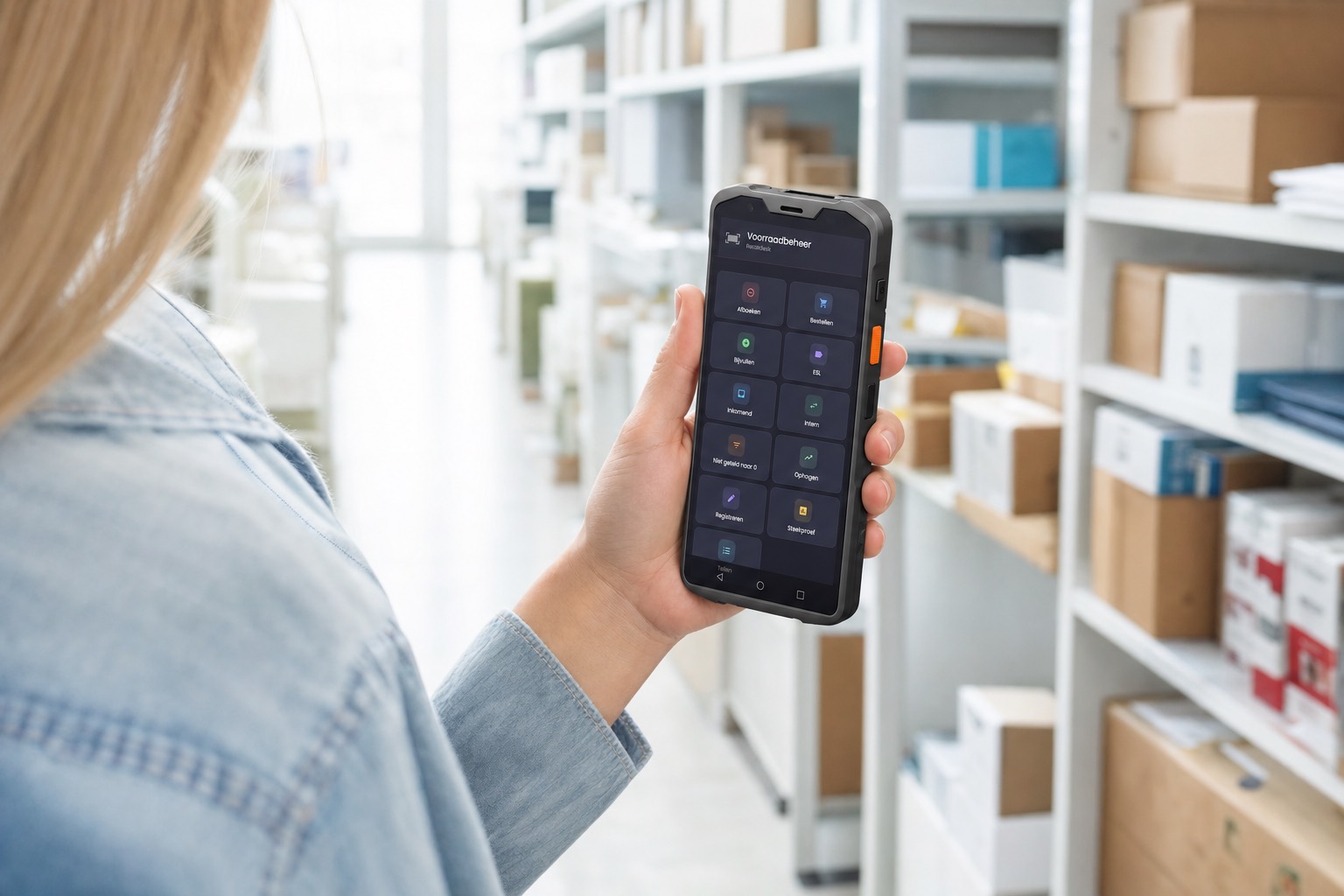 Medewerker met de voorraad-app op de SUNMI L3 in het magazijn